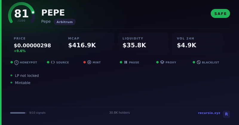 PEPE token security scorecard: 81/100, SAFE, on Arbitrum