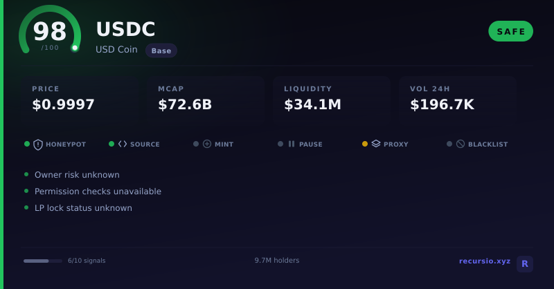 USDC token security scorecard: 98/100, SAFE, on Base