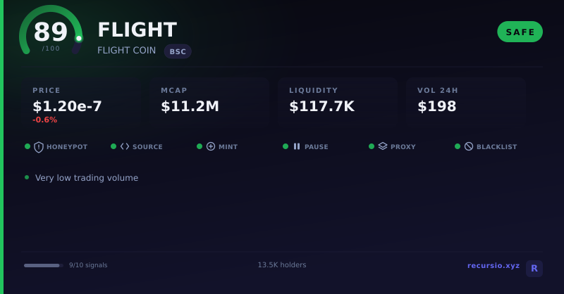 FLIGHT token security scorecard: 89/100, SAFE, on BNB Chain