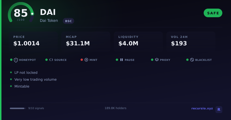 DAI token security scorecard: 85/100, SAFE, on BNB Chain