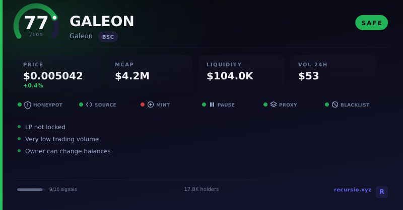 GALEON token security scorecard: 77/100, SAFE, on BNB Chain