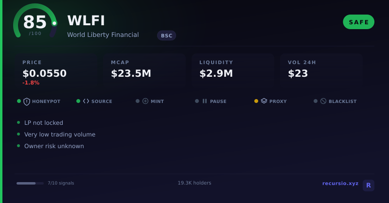 WLFI token security scorecard: 85/100, SAFE, on BNB Chain