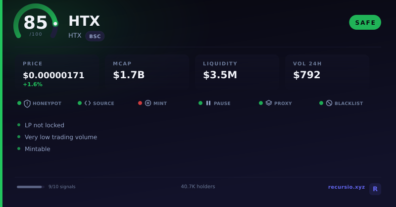 HTX token security scorecard: 85/100, SAFE, on BNB Chain