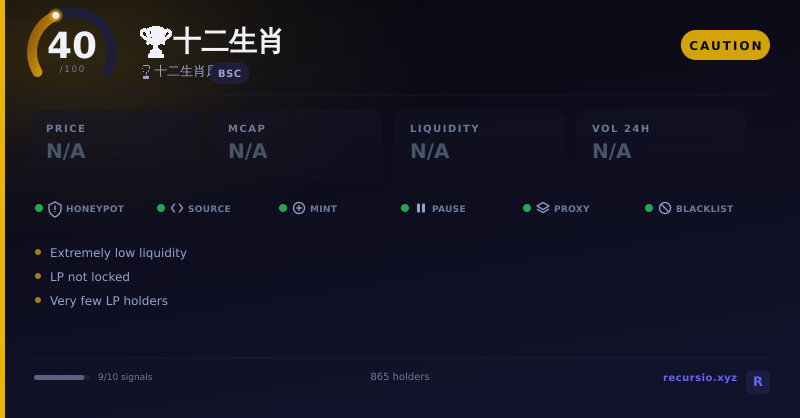 🏆十二生肖 token security scorecard: 40/100, CAUTION, on BNB Chain