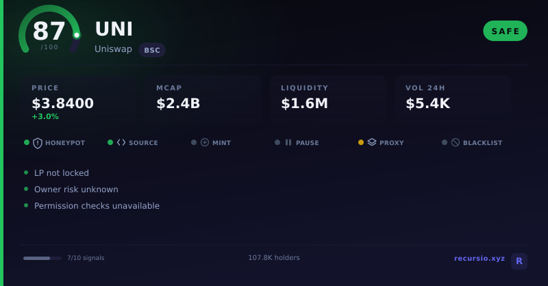 UNI token security scorecard: 87/100, SAFE, on BNB Chain