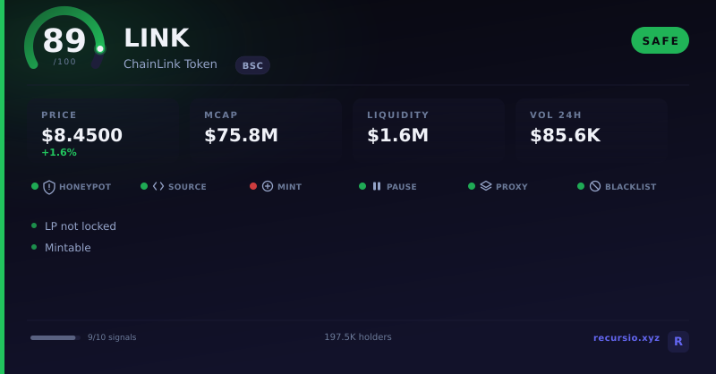 LINK token security scorecard: 89/100, SAFE, on BNB Chain