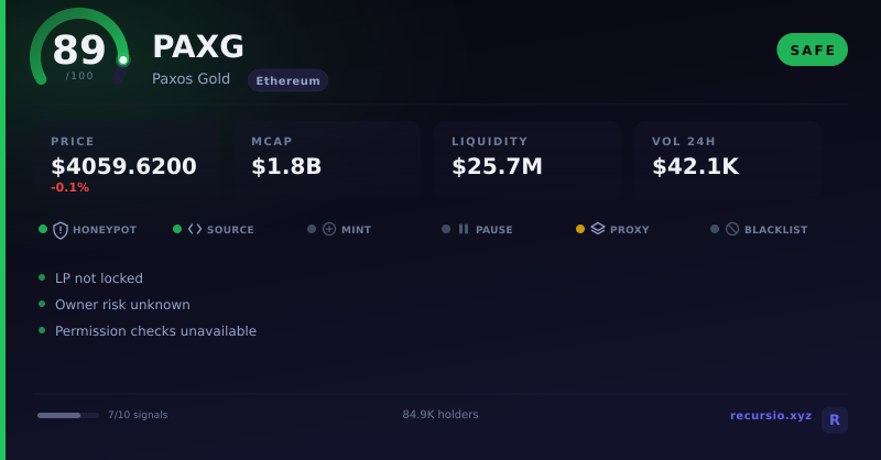 PAXG token security scorecard: 89/100, SAFE, on Ethereum
