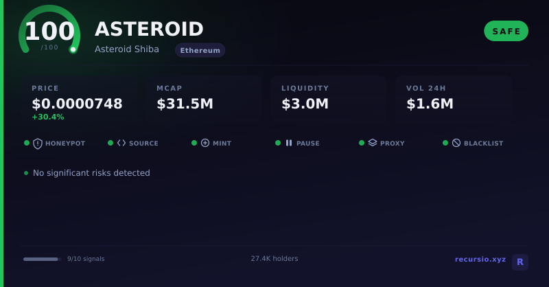 Карточка безопасности токена ASTEROID: 100/100, SAFE, сеть Ethereum
