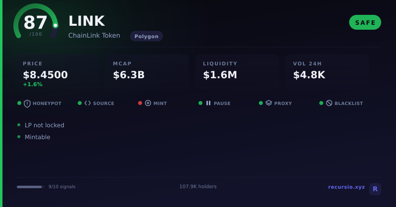 LINK token security scorecard: 87/100, SAFE, on Polygon