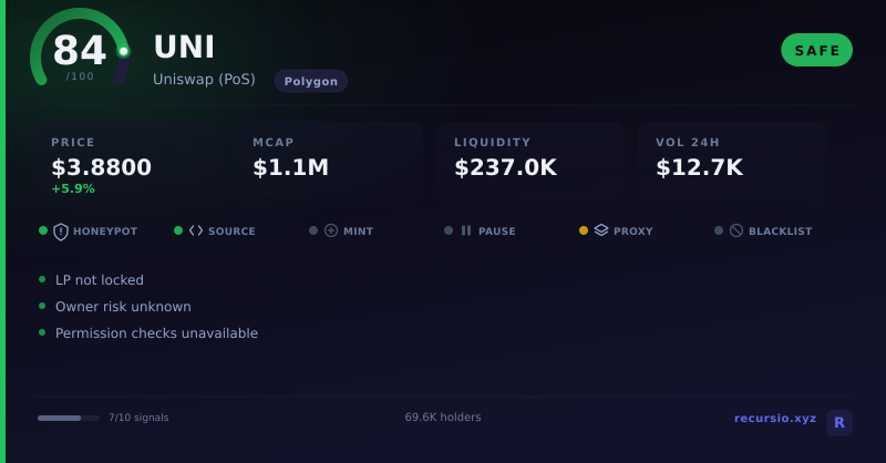 UNI token security scorecard: 84/100, SAFE, on Polygon